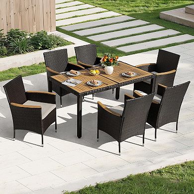 Outdoor 7-Piece Acacia Wood Wicker Patio Dining Set with Cushions, Black