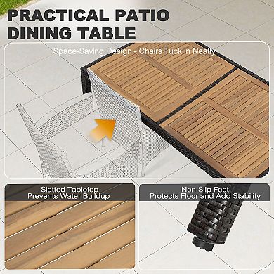 Outdoor 7-Piece Acacia Wood Wicker Patio Dining Set with Cushions, Black