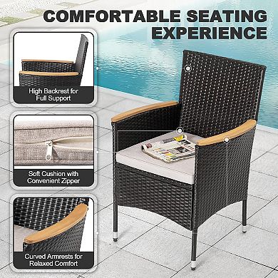 Outdoor 7-Piece Acacia Wood Wicker Patio Dining Set with Cushions, Black