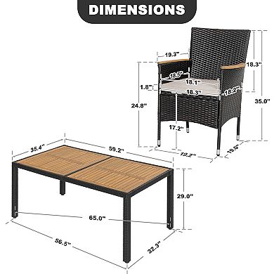 Outdoor 7-Piece Acacia Wood Wicker Patio Dining Set with Cushions, Black