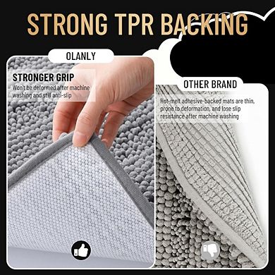 Striped Chenille Bathroom Rug, Thick Absorbent, Non-Slip Rubber Backing