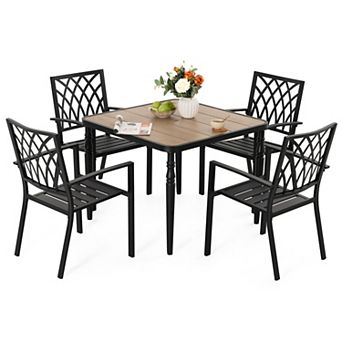 5 pc Stackable Patio Dining Set with Umbrella Hole, Faux Wood Tabletop