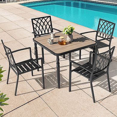 5-Piece Stackable Patio Dining Set with Umbrella Hole, Faux Wood Tabletop