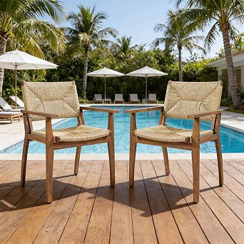 19 in Wicker Outdoor Dining Chair Set of 2, Acacia Wood Patio Furniture