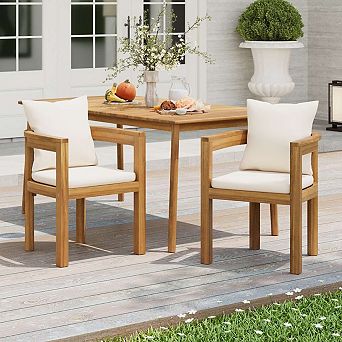 Set Of 2 Outdoor Patio Dining Chairs, Teak Finish Acacia Wood Frame, Tied Beige Fabric Cushion