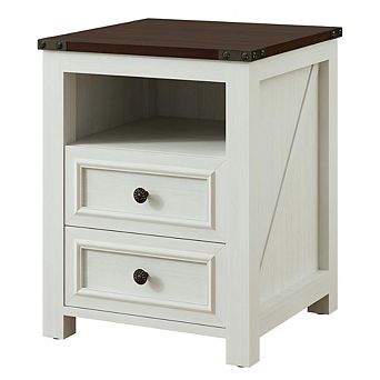 18" White Farmhouse Nightstand with Drawer & Cabinet, Bedside Table with Charging, 1 pc