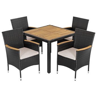 Outdoor 5 pc Acacia Wood Wicker Patio Dining Set with Cushions, Black