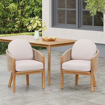 Set of 2 Rope Back Outdoor Dining Arm Chairs, Acacia Wood Frame Patio Seating with Beige Cushions