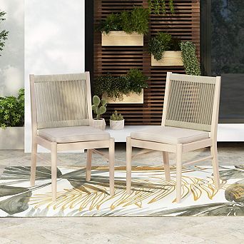 Set of 2 Acacia Wood Outdoor Dining Chairs, Woven Rope Garden Chair with Beige Cushion