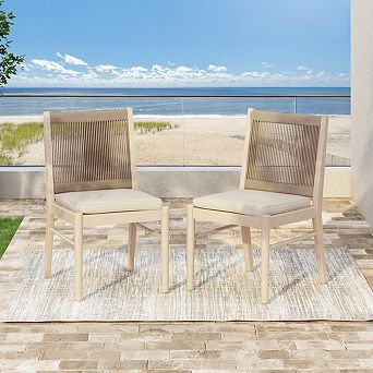 Set of 2 Acacia Wood Outdoor Dining Chairs, Woven Rope Garden Chair with Beige Cushion