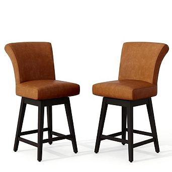 26.8" Faux Leather Swivel Barstools Set of 2, Counter Height with Back/Solid Wood Legs