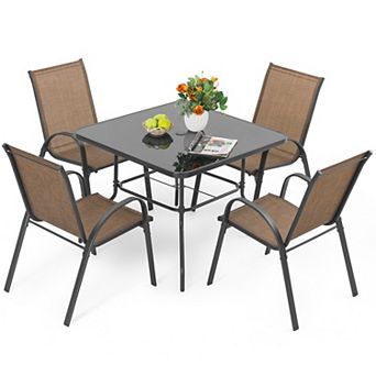5 pc Metal Outdoor Dining Set, Textilene Stackable Chairs and 1.7'' Umbrella Hole