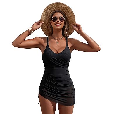 Charmo Women's Ribbed Twist Front Ruched Drawstring Swim Dress with Adjustable Straps