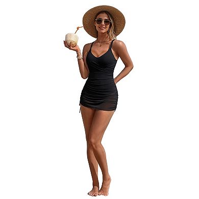 Charmo Women's Ribbed Twist Front Ruched Drawstring Swim Dress with Adjustable Straps