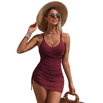 Charmo Women's Ribbed Twist Front Ruched Drawstring Swim Dress with Adjustable Straps
