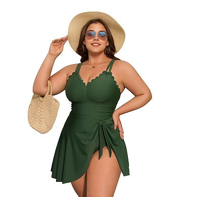 Charmo Women's Plus Size Scallop Edge Wrap Tie One Piece Swim Dress with Adjustable Straps