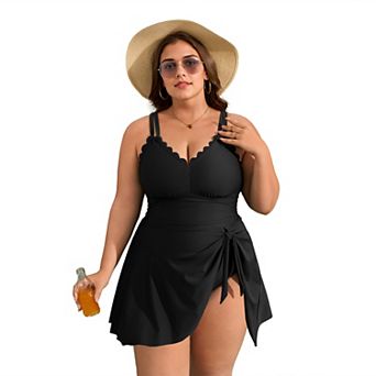 Charmo Women's Plus Size Scallop Edge Wrap Tie One Piece Swim Dress with Adjustable Straps