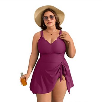 Charmo Women's Plus Size Scallop Edge Wrap Tie One Piece Swim Dress with Adjustable Straps