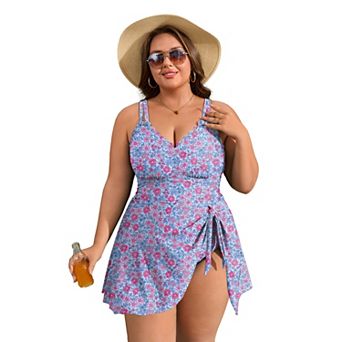 Charmo Women's Plus Size Scallop Edge Wrap Tie One Piece Swim Dress with Adjustable Straps