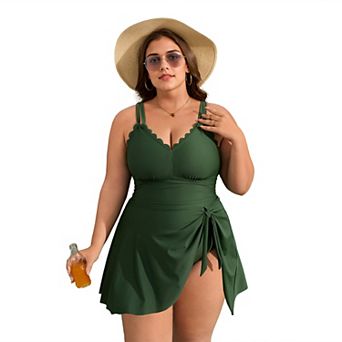 Charmo Women's Plus Size Scallop Edge Wrap Tie One Piece Swim Dress with Adjustable Straps