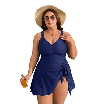 Charmo Women's Plus Size Scallop Edge Wrap Tie One Piece Swim Dress with Adjustable Straps