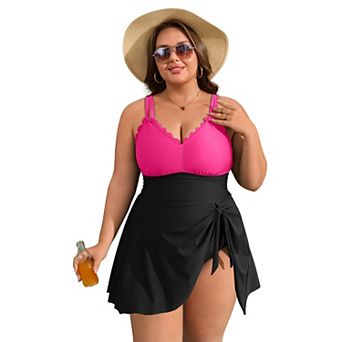 Charmo Women's Plus Size Scallop Edge Wrap Tie One Piece Swim Dress with Adjustable Straps