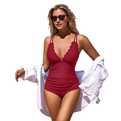Charmo Women's Scallop Edge Double Strap Ruched Tummy Control One Piece Swimsuit with Back Cutout
