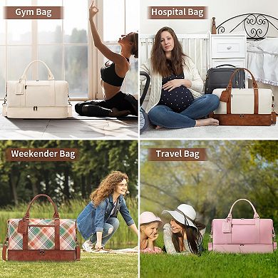 21" Canvas Weekender Bag for Women with Shoe Compartment Toiletry Pouch