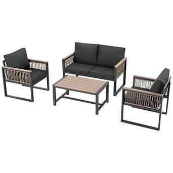 Outdoor 4 pc Conversation Set with Cushions and Coffee Table, Matte Gray