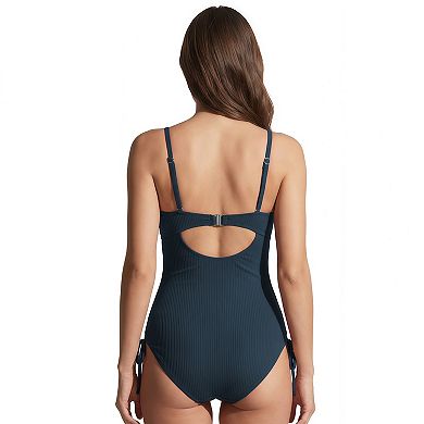 Women's Ribbed Twist Front Cutout One Piece Swimsuit with Side Ties