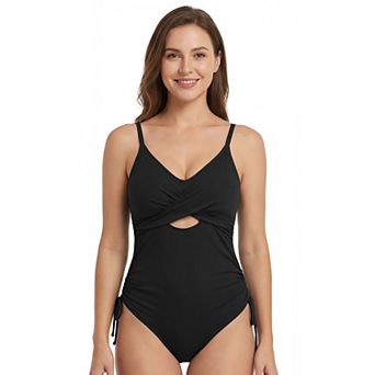 Women's Ribbed Twist Front Cutout One Piece Swimsuit with Side Ties