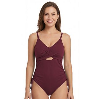 Women's Ribbed Twist Front Cutout One Piece Swimsuit with Side Ties