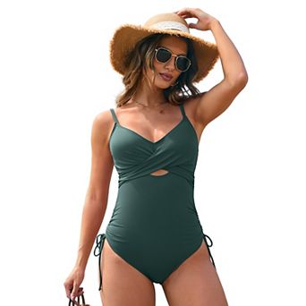 Women's Ribbed Twist Front Cutout One Piece Swimsuit with Side Ties