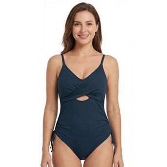 Women's Ribbed Twist Front Cutout One Piece Swimsuit with Side Ties
