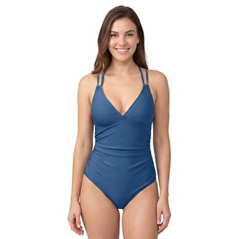 Charmo Women's Double Strap V Neck Crisscross Back Ruched One Piece Swimsuit