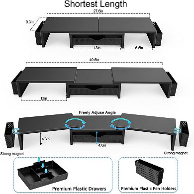 Dual Monitor Stand Riser with Drawer & 2 Magnetic Pen Holders