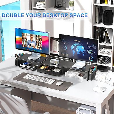 Dual Monitor Stand Riser with Drawer & 2 Magnetic Pen Holders