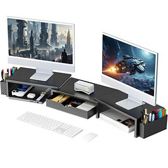 Dual Monitor Stand Riser with Drawer & 2 Magnetic Pen Holders