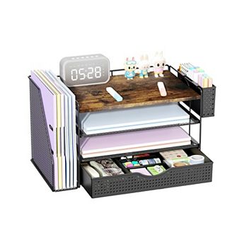 4 tier Wood Desk Organizer with File Holder Drawer Pen Tray Office Supplies