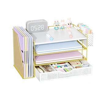 4 tier Wood Desk Organizer with File Holder Drawer Pen Tray Office Supplies