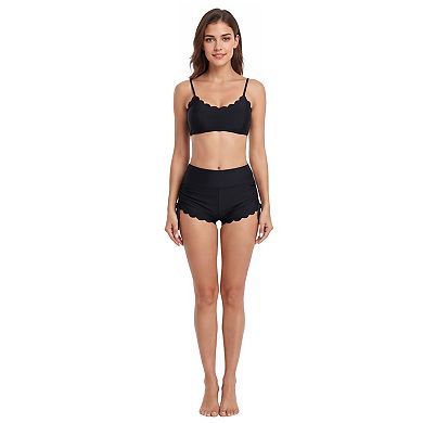 Charmo Women's High Waisted Scallop Edge Side Drawstring Swim Shorts