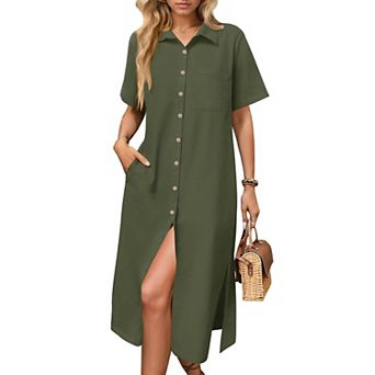 Zeagoo Women's Casual Midi Short Sleeve Button Down Shirt Dress Beach Cover Up with Pocket