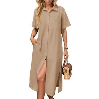 Zeagoo Women's Casual Midi Short Sleeve Button Down Shirt Dress Beach Cover Up with Pocket