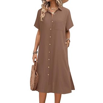 Zeagoo Women's Casual Midi Short Sleeve Button Down Linen Shirt Dress Beach Cover Up with Pocket