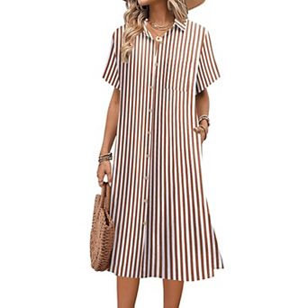 Zeagoo Women's Casual Midi Short Sleeve Button Down Linen Shirt Dress Beach Cover Up with Pocket