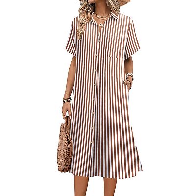 Zeagoo Women's Casual Midi Short Sleeve Button Down Linen Shirt Dress Beach  Cover Up with Pocket
