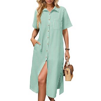 Zeagoo Women's Casual Midi Short Sleeve Button Down Shirt Dress Beach Cover Up with Pocket