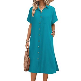 Zeagoo Women's Casual Midi Short Sleeve Button Down Linen Shirt Dress Beach Cover Up with Pocket