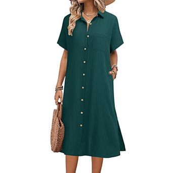 Zeagoo Women's Casual Midi Short Sleeve Button Down Linen Shirt Dress Beach Cover Up with Pocket