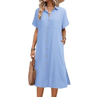 Zeagoo Women's Casual Midi Short Sleeve Button Down Linen Shirt Dress Beach Cover Up with Pocket